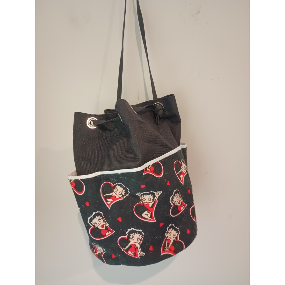 Betty Boop Drawstring Bucket Bag Tote Shoulder Purse Black Red Hearts Canvas